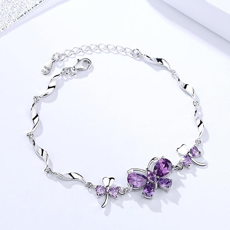 Butterfly Bracelet in Solid Sterling Silver Purple, Green or Yellow CZ,  Elegant, Feminine